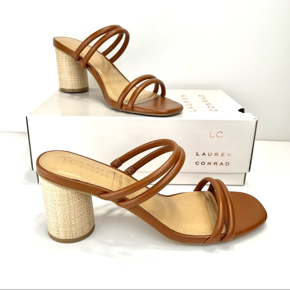 LC LAUREN CONRAD SENCHA COGNAC ROUND BLOCK HIGH HEEL SANDALS🆕